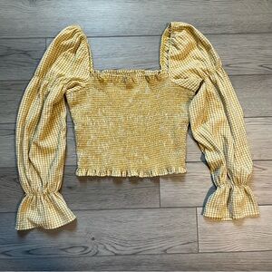 UO gingham cinched-sleeve blouse